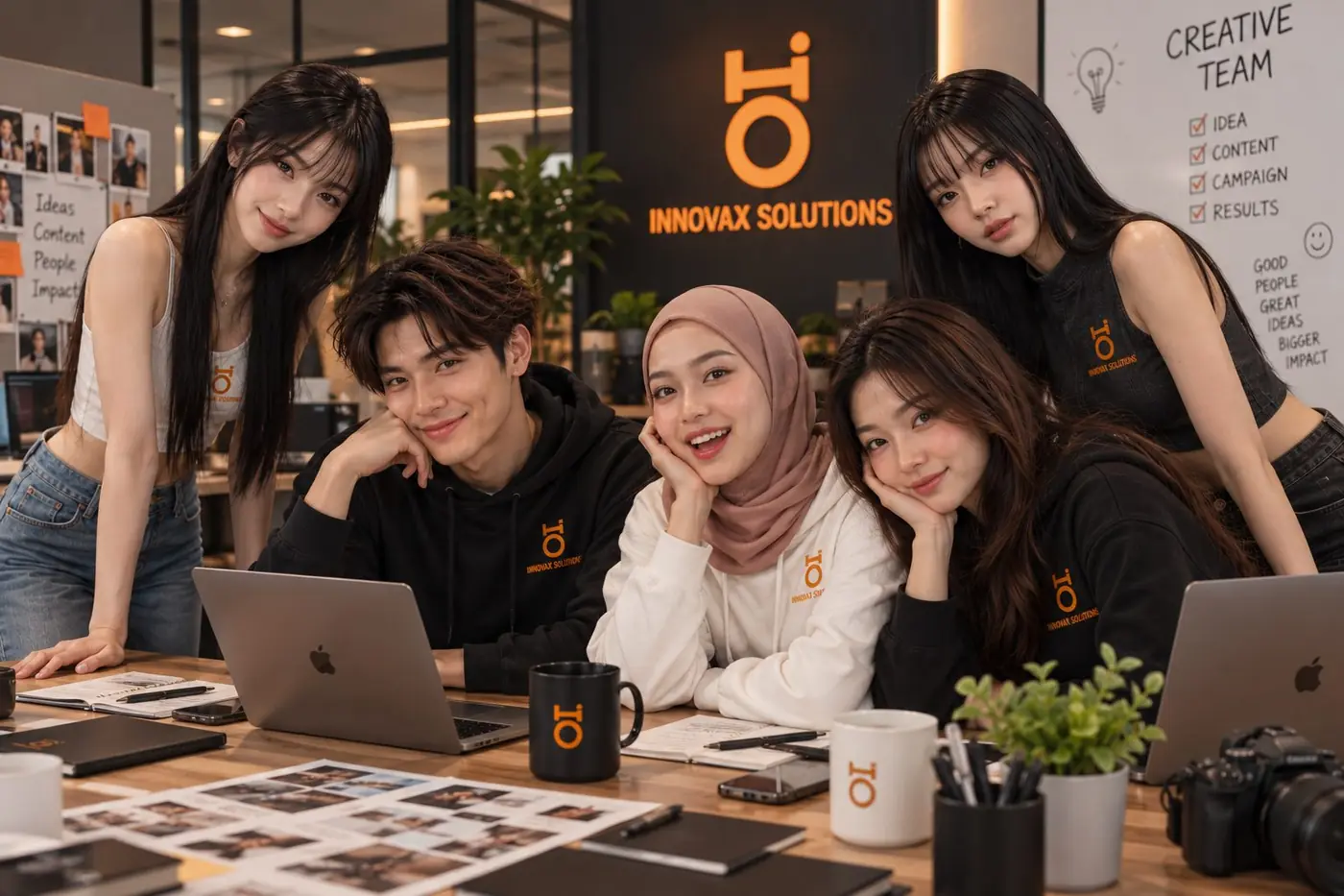 Five Innovax Solutions AI KOL presenters collaborating in a creative studio