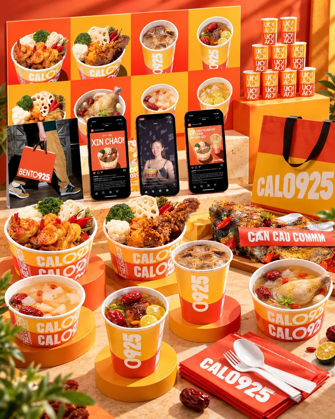 CALO925 food branding across packaging, retail display and social content