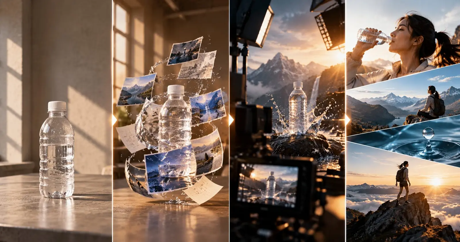 A cinematic product campaign progressing from concept and production to mountain lifestyle scenes