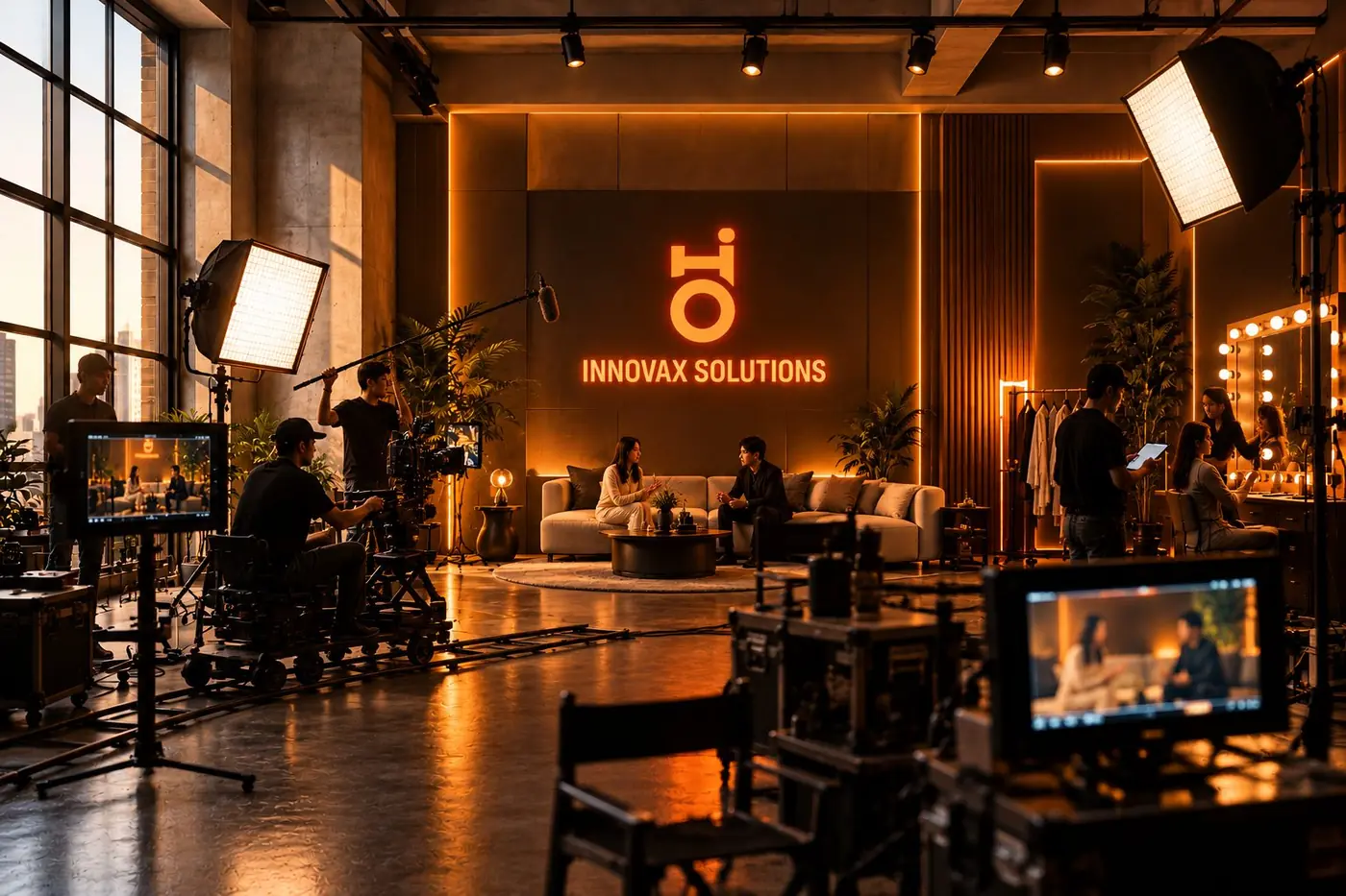 Finished Innovax Solutions cinematic production in progress with cast, crew, cameras and lighting