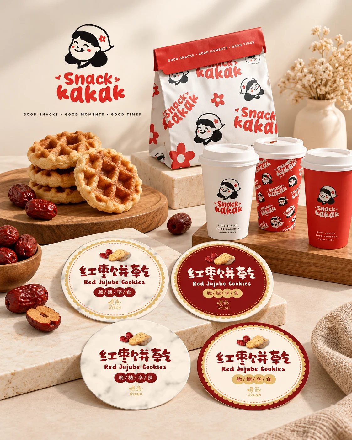 Snack Kakak character identity, packaging, cups and bilingual product labels